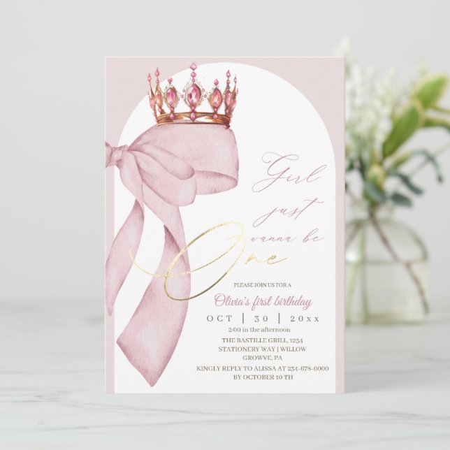Rosa Schleife 1. Geburtstag  Einladung (Stehend Vorderseite)