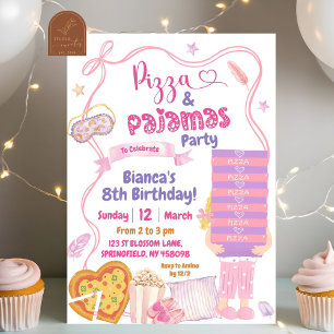 Rosa Schleife Blondes Mädchen Pizza und Pyjama Geb Einladung