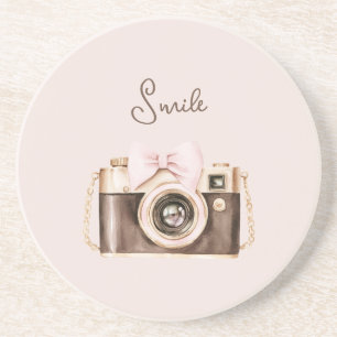 Rosa Schleife Braune Kamera Lächeln Getränkeuntersetzer