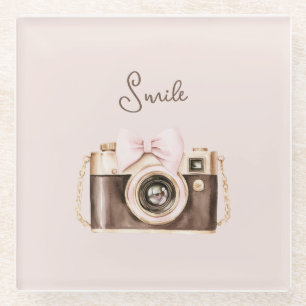 Rosa Schleife Braune Kamera Lächeln Glasuntersetzer