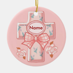 Rosa Schleife Christliches Kreuz-Ornament Keramik Ornament