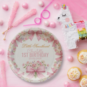 Rosa Schleife Coquette Floral 1. Geburtstag Person Pappteller