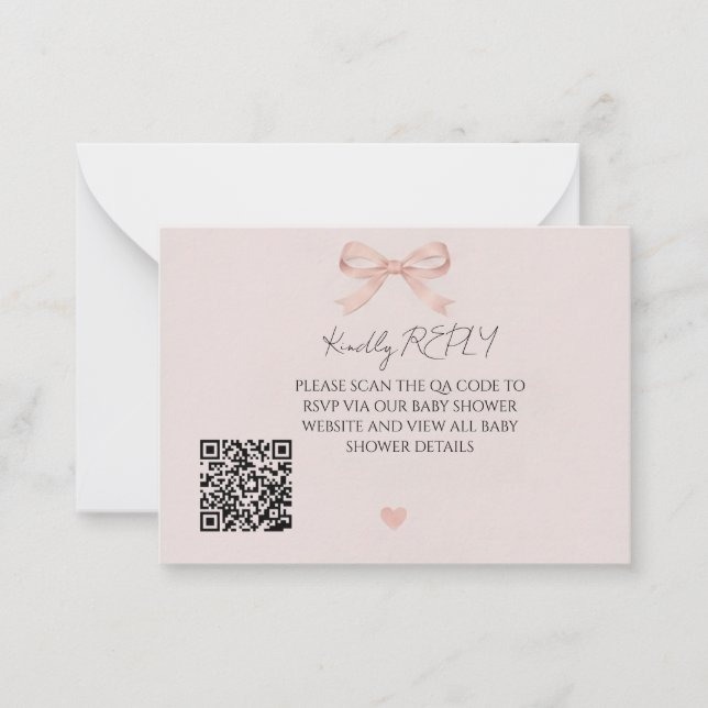 Rosa Schleife Coquette QR-Code RSVP Mitteilungskarte (Vorderseite)