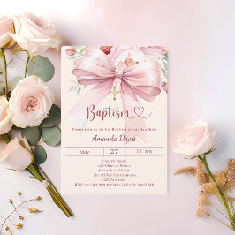 Rosa Schleife Creme Blumen Mädchen Taufe Einladung