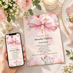 Rosa Schleife Creme Blumen Mädchen Taufe Einladung