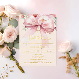Rosa Schleife Creme Blumen Mädchen Taufe Gold Folieneinladung