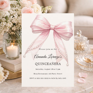 Rosa Schleife Elfenbeinperlen elegante Quinceanera Einladung