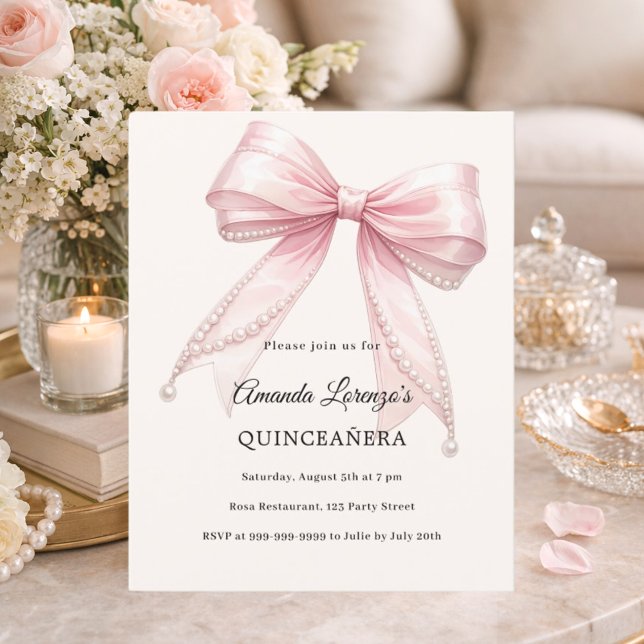 Rosa Schleife Elfenbeinperlen Quinceanera-Einladun (Von Creator hochgeladen)