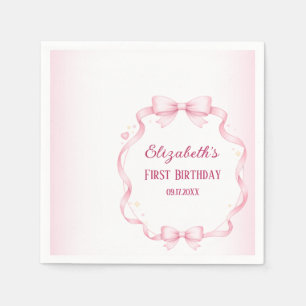 Rosa Schleife "First Birthday" quadratischer Aufkl Serviette