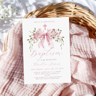 Rosa Schleife Floral Coquette Mädchen Taufe Einladung