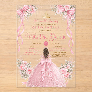 Rosa Schleife Floral Quinceañera Sweet 16. Geburts Acryleinladungen
