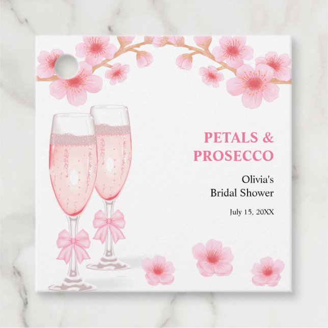 Rosa Schleife Florale Blüten und Prosecco-Brautjun Geschenkanhänger (Vorderseite)
