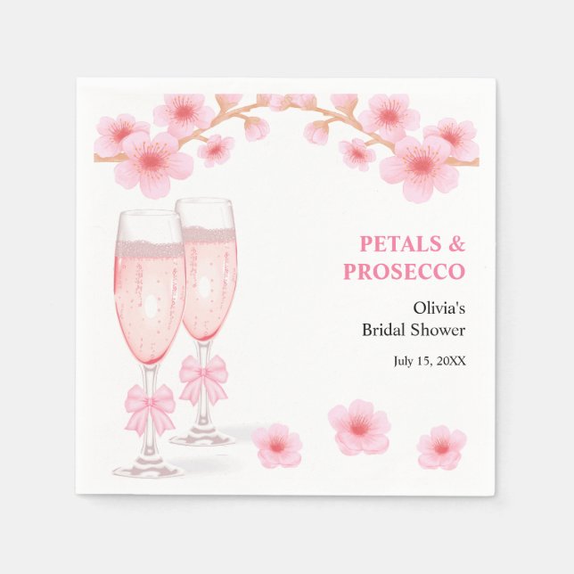 Rosa Schleife Florale Blüten und Prosecco Brautpar Serviette (Vorderseite)
