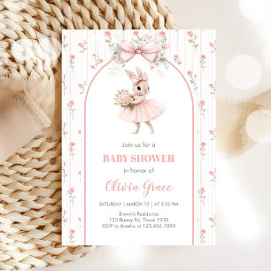 Rosa Schleife & Florales Häschen-Baby-Party  Einladung