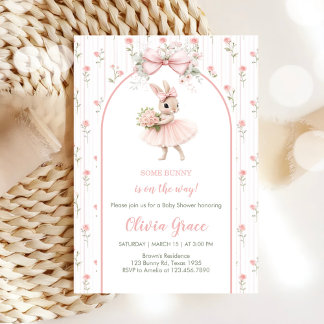 Rosa Schleife & Florales Häschen-Baby-Shower  Einladung
