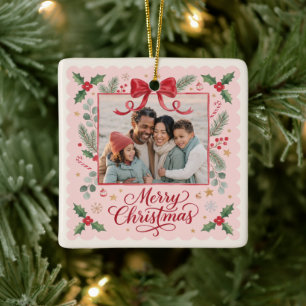 Rosa Schleife Frohe Weihnachten Familienfoto Keramikornament