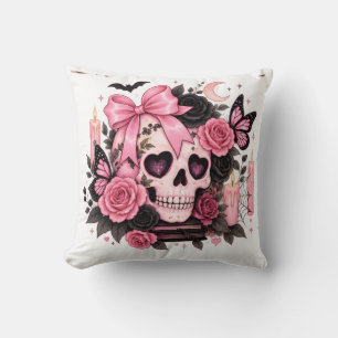 Rosa Schleife Gothic-Totenkopf Coquette Halloween Kissen
