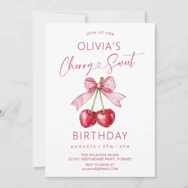 Rosa Schleife Kirsch Mädchen Geburtstag Einladung (Vorderseite)