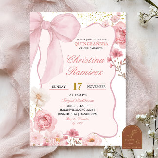  Rosa Schleife Kokette Florale Quinceanera  Einladung