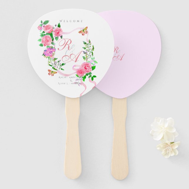 Rosa-Schleife-Monogramm-Hochzeit Fächer (Vorne und Hinten)