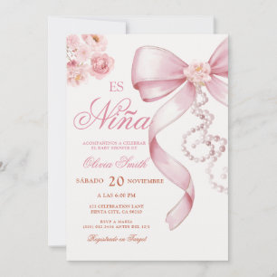 Rosa Schleife Perle Floral Es Nina Spanische Babyp Einladung