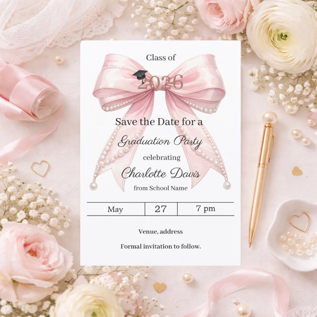 Rosa Schleife Perlen elegante Mädchen Abschlussfei Save The Date (Von Creator hochgeladen)
