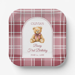 Rosa Schleife Preppy Teddybär 1. Geburtstag Pappteller