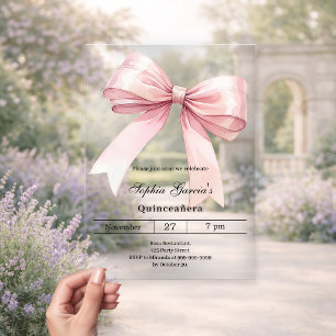 Rosa Schleife Quinceanera Luxus klar Acryleinladungen