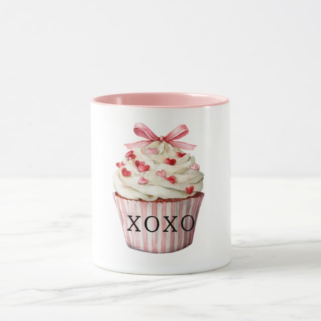Rosa Schleife Rote Herzen Cupcake Geburtstag Tasse (Zentrum)