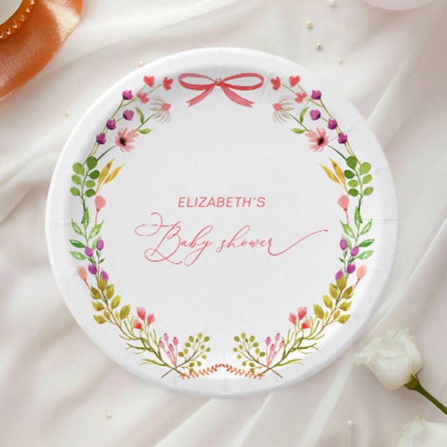 Rosa Schleife Rustikale Florale Babyparty Pappteller (Von Creator hochgeladen)