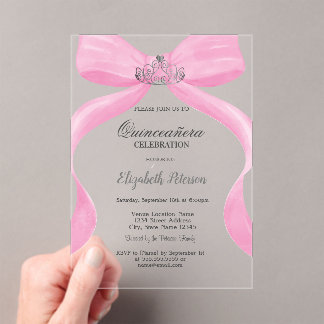 Rosa Schleife Silberne Krone Quinceañera Acryleinladungen