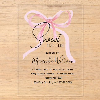 Rosa Schleife Sweet Sixteen Geburtstags-Acryleinla Acryleinladungen
