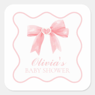 Rosa Schleife und Gingham-Preppy-Baby-Party Quadratischer Aufkleber