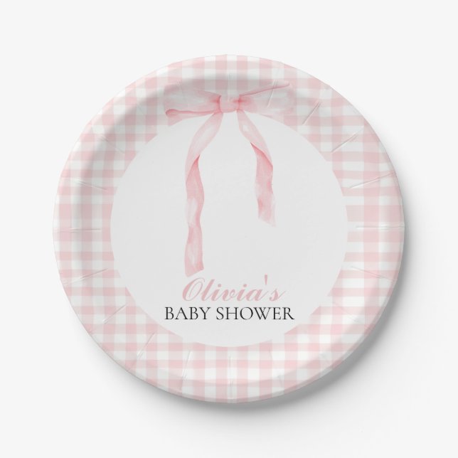 Rosa Schleife und Gingham-Preppy-Babyparty Pappteller (Vorderseite)