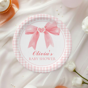 Rosa Schleife und Gingham-Preppy-Babyparty Pappteller