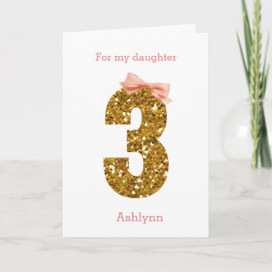 Rosa Schleife und goldener Glitter 3. Geburtstag T Karte