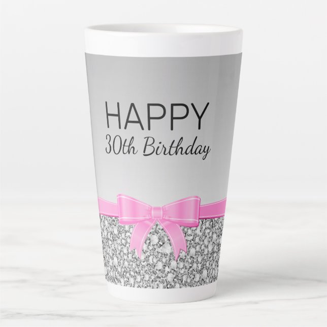 Rosa Schleife und grauer Glitzer Geburtstag Milchtasse (Vorderseite)