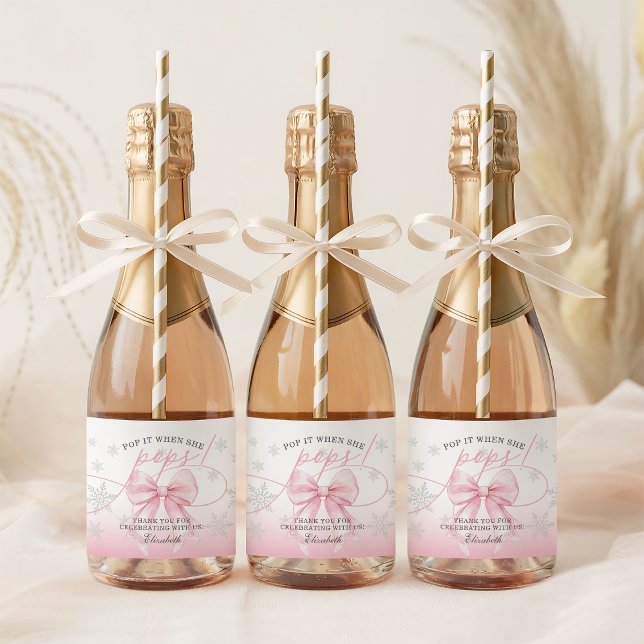 Rosa Schleife Winter Baby Pop It When She Pops (Pink Bow Winter Baby Pop It When She Pops Sparkling Wine Label)