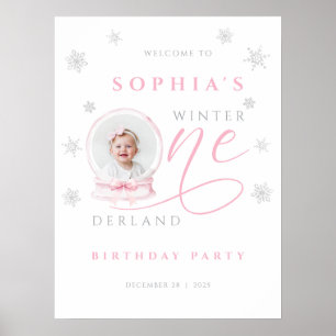 Rosa Schleife Winter Erster Geburtstag Willkommens Poster