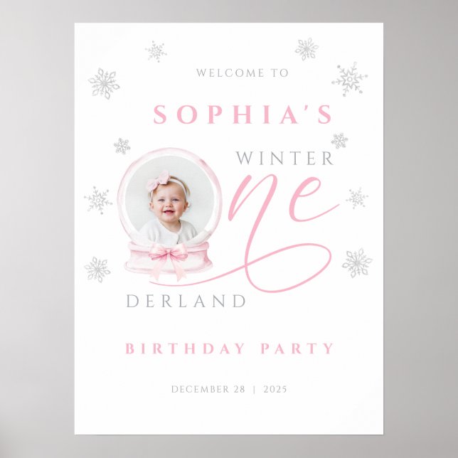 Rosa Schleife Winter Erster Geburtstag Willkommens Poster (Vorne)