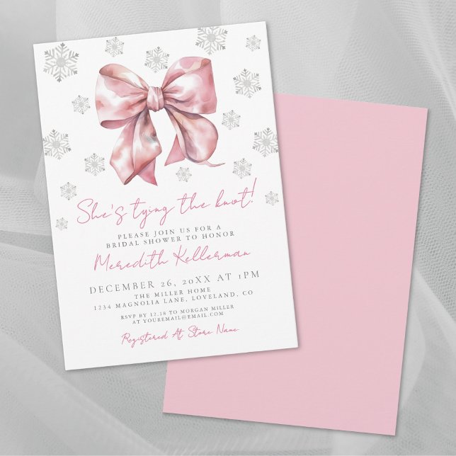 Rosa Schleife Winter Hochzeitsdusche Einladung (Pink Bow Winter Bridal Shower Invitation)