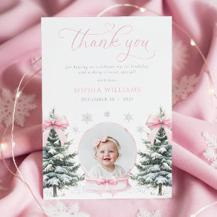 Rosa Schleife Winter Onederland Erster Geburtstag Dankeskarte