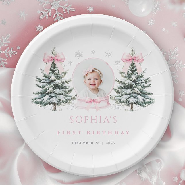 Rosa Schleife Winter Onederland Erster Geburtstag Pappteller (Von Creator hochgeladen)