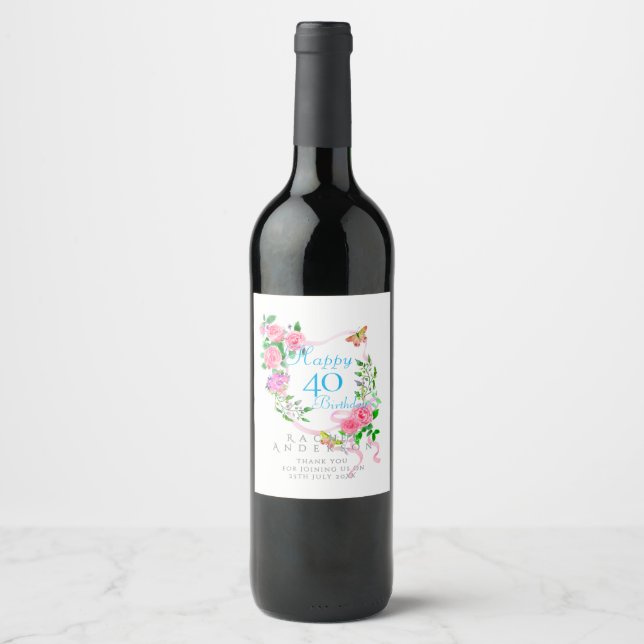 Rosa Schleife zum 40. Geburtstag Weinetikett (Vorderseite)