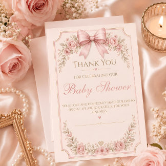 "Rosa Schleifen-Baby-Shower-Dankeskarten | Florale Dankeskarte