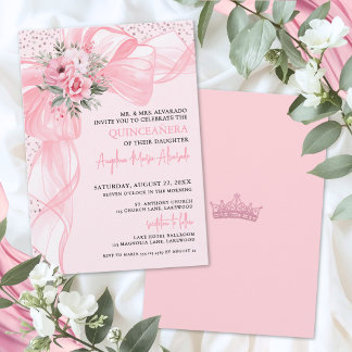 Rosa Schleifen-Blumen-Quinceanera Einladung