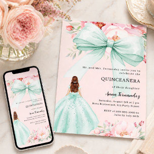 Rosa Schleifen Blumen- Sagegründes Kleid Quinceane Einladung
