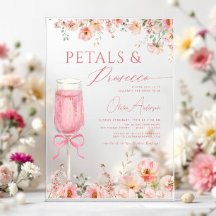 Rosa Schleifen-Blütenblätter & Prosecco-Blush-Jung Acryleinladungen