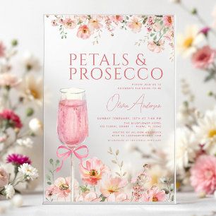 Rosa Schleifen-Blütenblätter & Prosecco-Blush-Jung Acryleinladungen