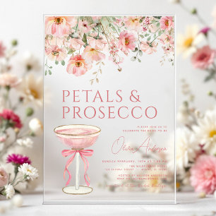 Rosa Schleifen-Blütenblätter & Prosecco-Blush-Jung Acryleinladungen
